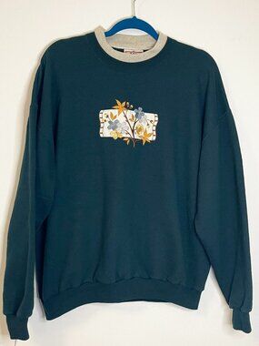 Vintage Top Stitch Grandmacore Sweatshirt Floral Embroidered Crewneck Green XL